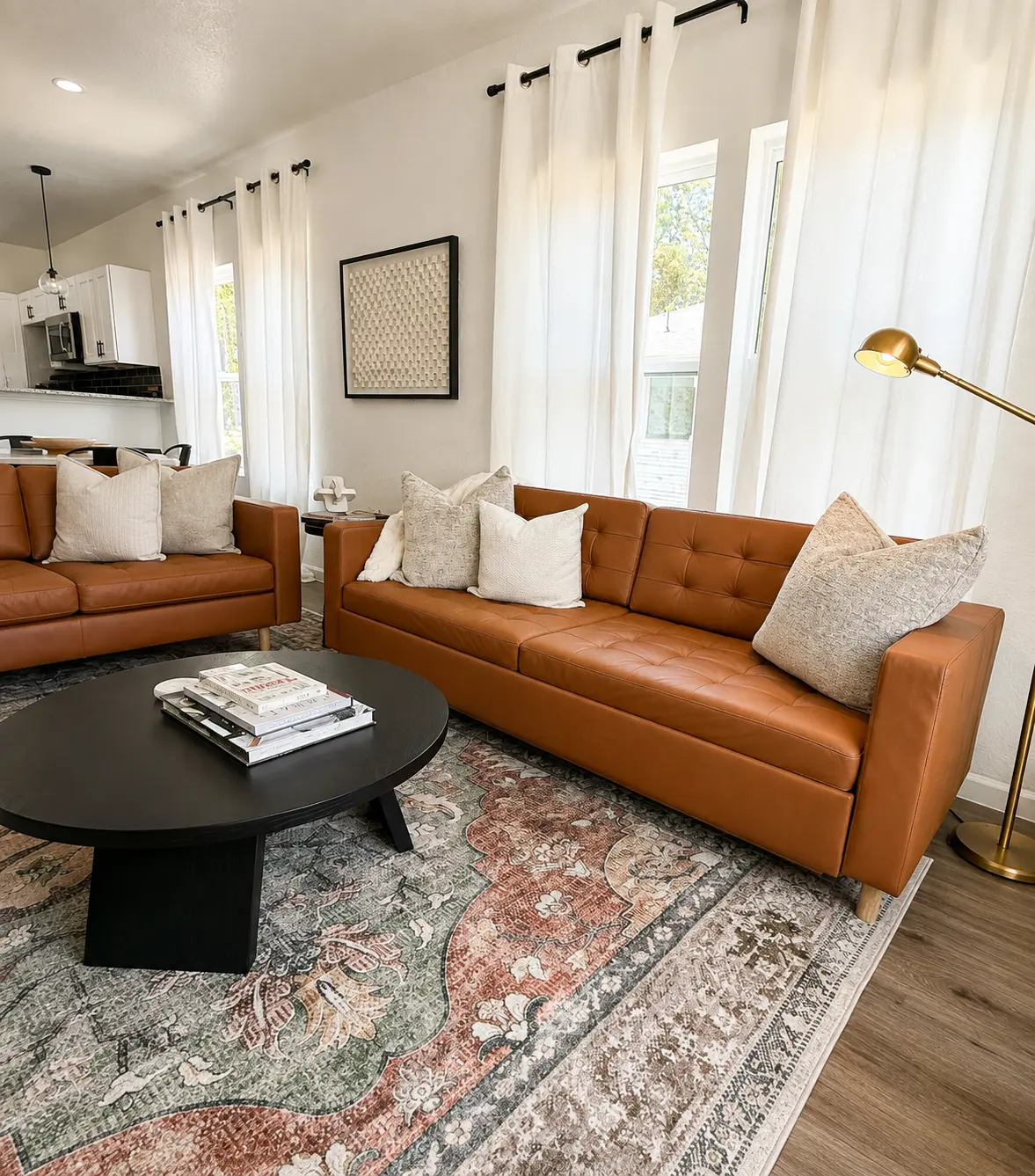 Cognac leather sofas in the Canton House living room